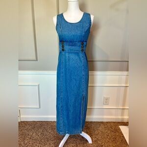 Vintage 90s Facets 8 Long Maxi Jean Denim Dress Sleeveless Tie Waist EUC